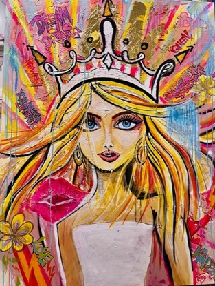 Young woman dreaming to be a queen with postive quotes in graffiti to remind her that she can pull through and become successful and happy. This painting is vibrant and will brighten up any room, and a great reminder to keep our minds positive 