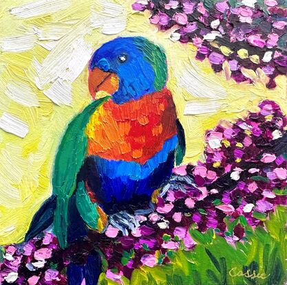 Small oil painting of a bright Australian Lorikeet.