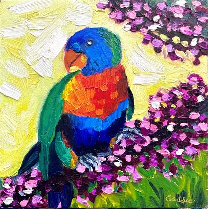 Small oil painting of a bright Australian Lorikeet.