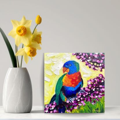 Small oil painting of a bright Australian Lorikeet.