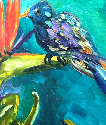 Small painting of a bird on a Bird of Paradise.