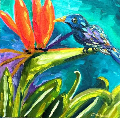 Small painting of a bird on a Bird of Paradise.