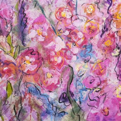 An abstract landscape of bright vivid flowers in pink, red, purple, orange, yellow and greens