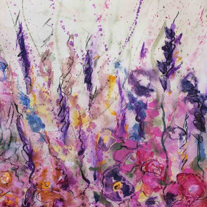 An abstract landscape of bright vivid flowers in pink, red, purple, orange, yellow and greens