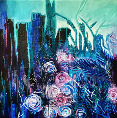 A square painting with blues and turquoise with a little pink, depicting the juxtaposition of gardens and the city. The lights of the city in the distance.