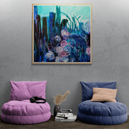 A square painting with blues and turquoise with a little pink, depicting the juxtaposition of gardens and the city. The lights of the city in the distance.