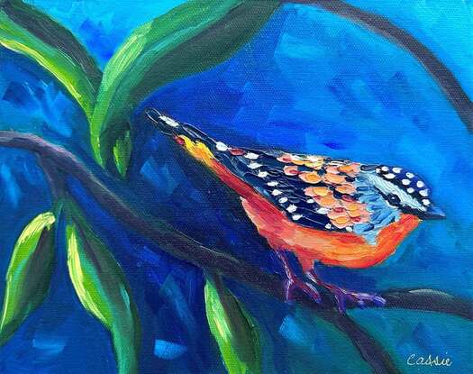 Oil painting of a spotted pardalote.