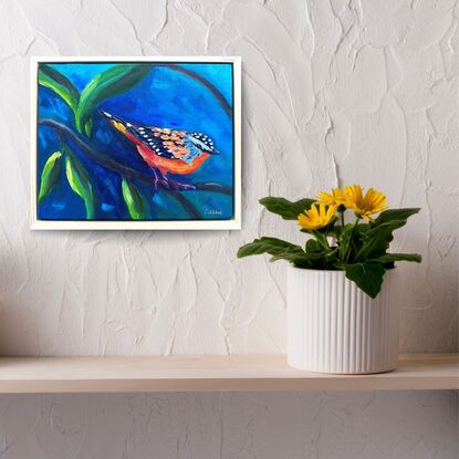 Oil painting of a spotted pardalote.