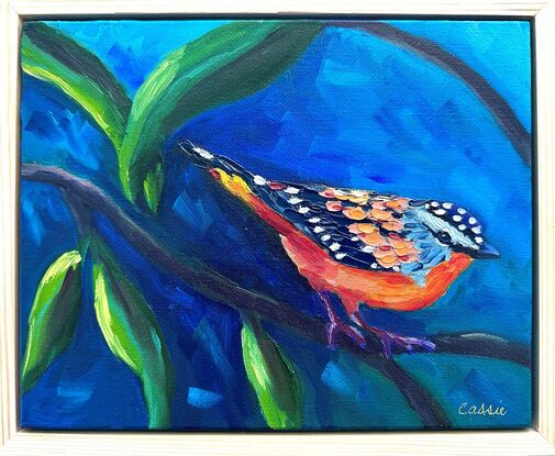 Oil painting of a spotted pardalote.