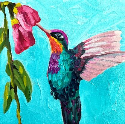 Small painting of a colourful Hummingbird.