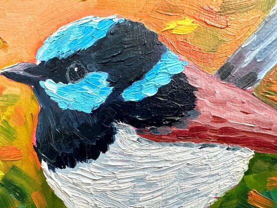 A small oil painting of a male Superb Fairywren.