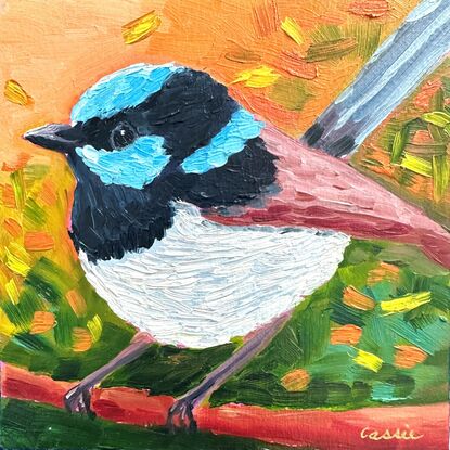 A small oil painting of a male Superb Fairywren.