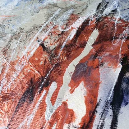 A large abstract painting of the Australian outback in earth colours, rust, brown ,navy blue and silver