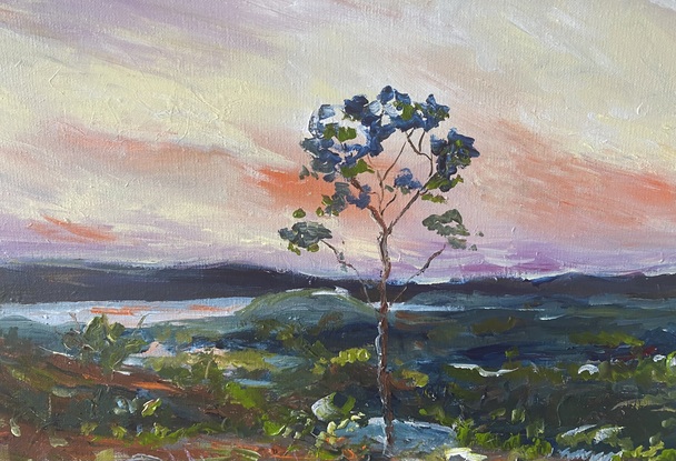 A distant vista of mountains and hills bathed in the evening light of the sunset and splashes of red earth against the greens of the grass and gum trees dotting the landscape. There is a distant river winding in the background. Framed view for illustration purposes only. 