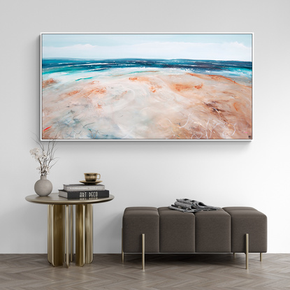 Colourful abstract seascape  with rocky mountain outcrop, blue sky, rolling countryside and crisp blue water with texture and mark making.
