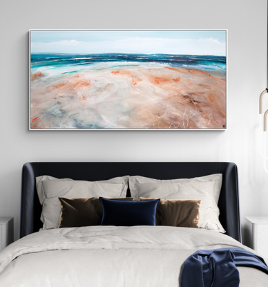 Colourful abstract seascape  with rocky mountain outcrop, blue sky, rolling countryside and crisp blue water with texture and mark making.
