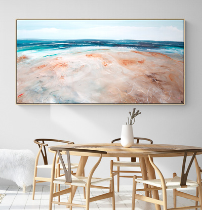 Colourful abstract seascape  with rocky mountain outcrop, blue sky, rolling countryside and crisp blue water with texture and mark making.
