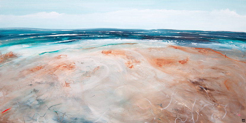 Colourful abstract seascape  with rocky mountain outcrop, blue sky, rolling countryside and crisp blue water with texture and mark making.
