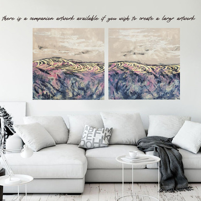 An abstract landscape of the sea and sand dunes in blush, gold and navy