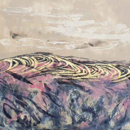 An abstract landscape of the sea and sand dunes in blush, gold and navy