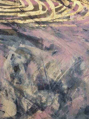 An abstract landscape of the sea and sand dunes in blush, gold and navy