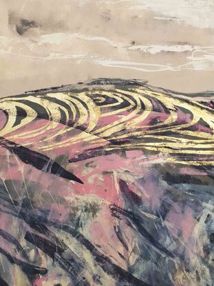 An abstract landscape of the sea and sand dunes in blush, gold and navy