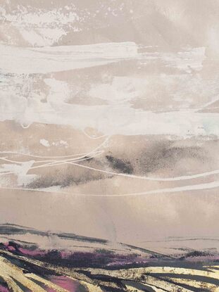 An abstract landscape of the sea and sand dunes in blush, gold and navy