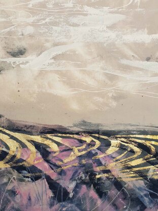 An abstract landscape of the sea and sand dunes in blush, gold and navy