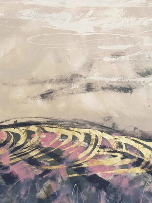 An abstract landscape of the sea and sand dunes in blush, gold and navy