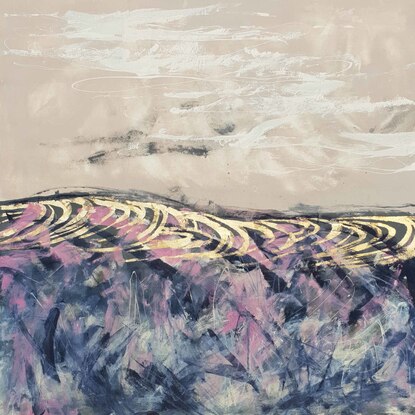 An abstract landscape of the sea and sand dunes in blush, gold and navy