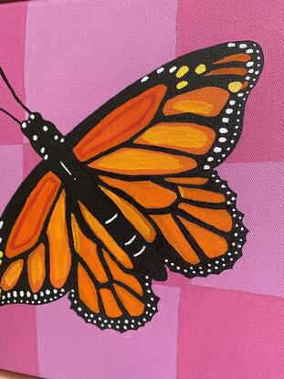 A Monarch Butterfly with a pink checkered background. Framed on Flooded Gum.