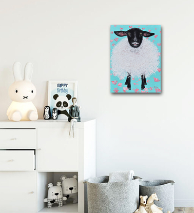 A textured painting of a black and white Suffolk Sheep on a green floral background. The woolly sheep was painted with a palette knife giving a thick woolly texture. He has long black ears, with a black face and black legs.