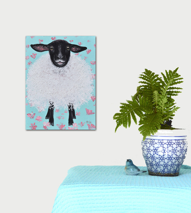 A textured painting of a black and white Suffolk Sheep on a green floral background. The woolly sheep was painted with a palette knife giving a thick woolly texture. He has long black ears, with a black face and black legs.