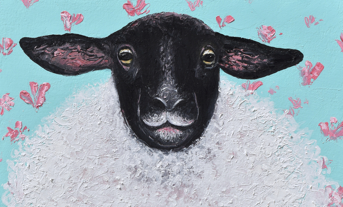 A textured painting of a black and white Suffolk Sheep on a green floral background. The woolly sheep was painted with a palette knife giving a thick woolly texture. He has long black ears, with a black face and black legs.