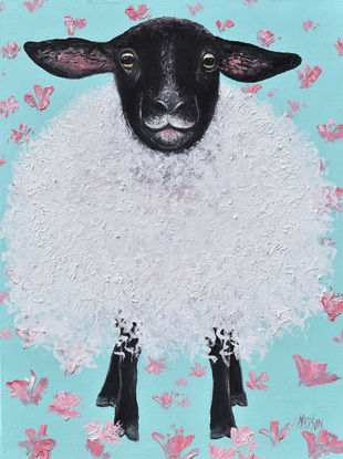 A textured painting of a black and white Suffolk Sheep on a green floral background. The woolly sheep was painted with a palette knife giving a thick woolly texture. He has long black ears, with a black face and black legs.