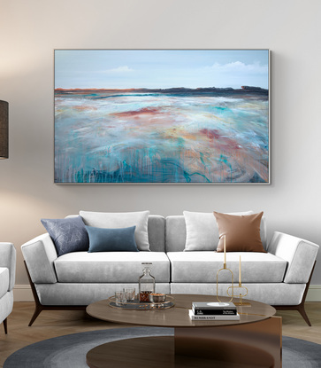 Colourful abstract seascape  with rocky mountain outcrop, blue sky, rolling countryside and crisp blue water with texture and mark making.
