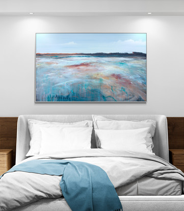 Colourful abstract seascape  with rocky mountain outcrop, blue sky, rolling countryside and crisp blue water with texture and mark making.
