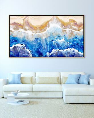 ABSTRACT painting that gives the impression of soothing ocean waves lapping in to soft sandy beach with slow easy waves creating crests of whie..  The intricate mosaic pattern within the tonal blue hues and tones of deep and light blue plusthe glimmering metallics adds added interest and intrigue.
The closer you get to the painting the more of the interesting details and patterns you can see. Metallics add an extra depth because the painting changes personality when one views from different angles.
although it is an impressionistic abstract, it still has a sense of motion of waves moving and frothing white