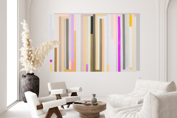 Bold vertical stripes in purples, golds and browns.