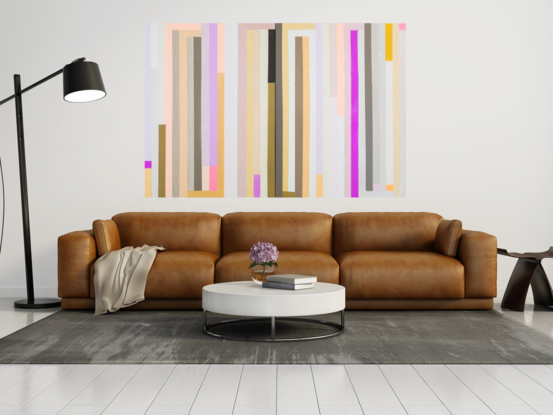 Bold vertical stripes in purples, golds and browns.