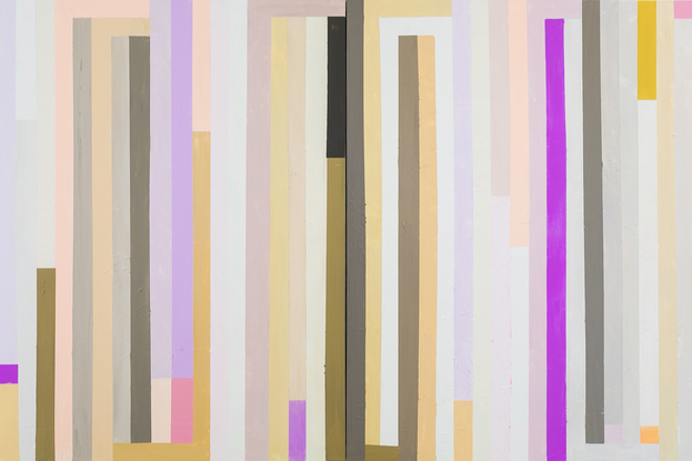 Bold vertical stripes in purples, golds and browns.