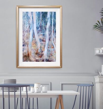 Large landscape painting by Victoria Collins, showing lush Australian sapling forest in summer with layers of delicate marks in earth tones and teal blues.