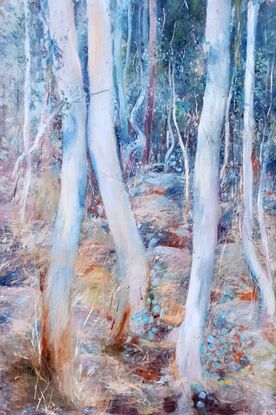 Large landscape painting by Victoria Collins, showing lush Australian sapling forest in summer with layers of delicate marks in earth tones and teal blues.