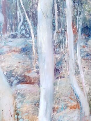 Large landscape painting by Victoria Collins, showing lush Australian sapling forest in summer with layers of delicate marks in earth tones and teal blues.