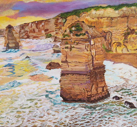 Is a captivating painting portraying a coastal scene with rugged cliffs, crashing waves and a vivid colourful sky at sunset. The rocky formations emerging from the water adding depth and drama to the painting, showing nature’s beauty and power.