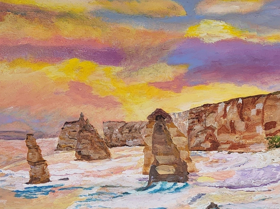 Is a captivating painting portraying a coastal scene with rugged cliffs, crashing waves and a vivid colourful sky at sunset. The rocky formations emerging from the water adding depth and drama to the painting, showing nature’s beauty and power.