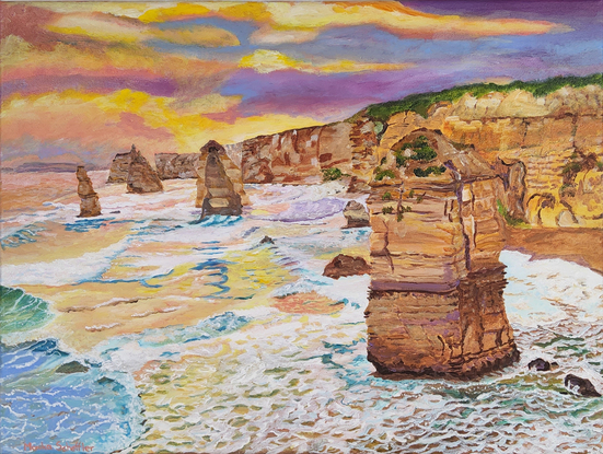 Is a captivating painting portraying a coastal scene with rugged cliffs, crashing waves and a vivid colourful sky at sunset. The rocky formations emerging from the water adding depth and drama to the painting, showing nature’s beauty and power.