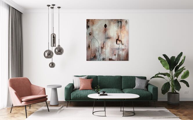 Illumination is a large layered abstract painting painted in luminous warm tones including copper contrasted with cool white, grey and black elements. The work includes many layers and transparencies and symbolism.