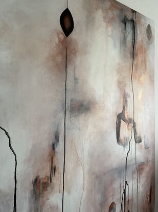 Illumination is a large layered abstract painting painted in luminous warm tones including copper contrasted with cool white, grey and black elements. The work includes many layers and transparencies and symbolism.