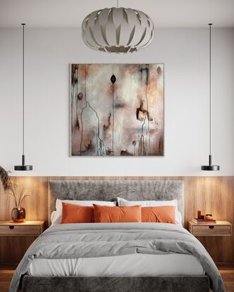 Illumination is a large layered abstract painting painted in luminous warm tones including copper contrasted with cool white, grey and black elements. The work includes many layers and transparencies and symbolism.